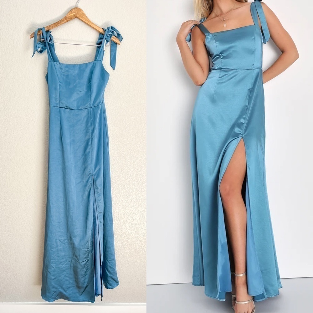 Made to Be Adored Teal Blue Satin Tie-Strap Maxi Dress